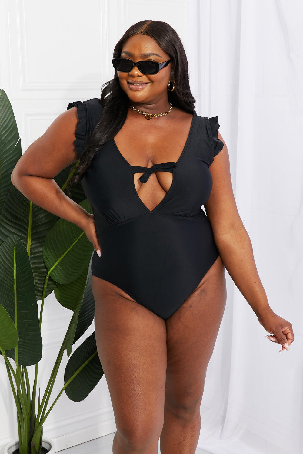 Marina West Swim Seashell Ruffle Sleeve One-Piece in Black - nailedmoms