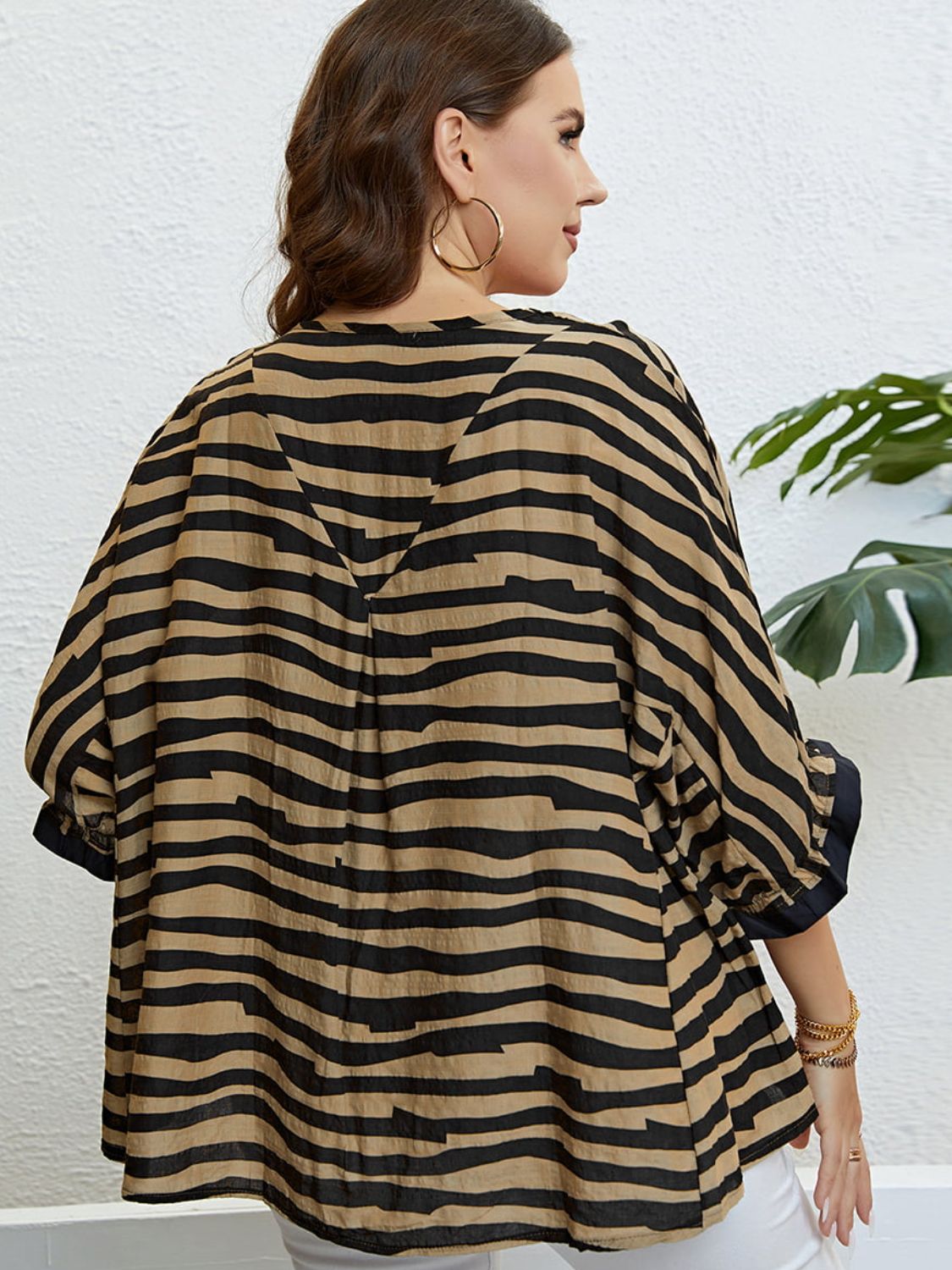 Plus Size Striped Three-Quarter Sleeve Boat Neck Top - nailedmoms