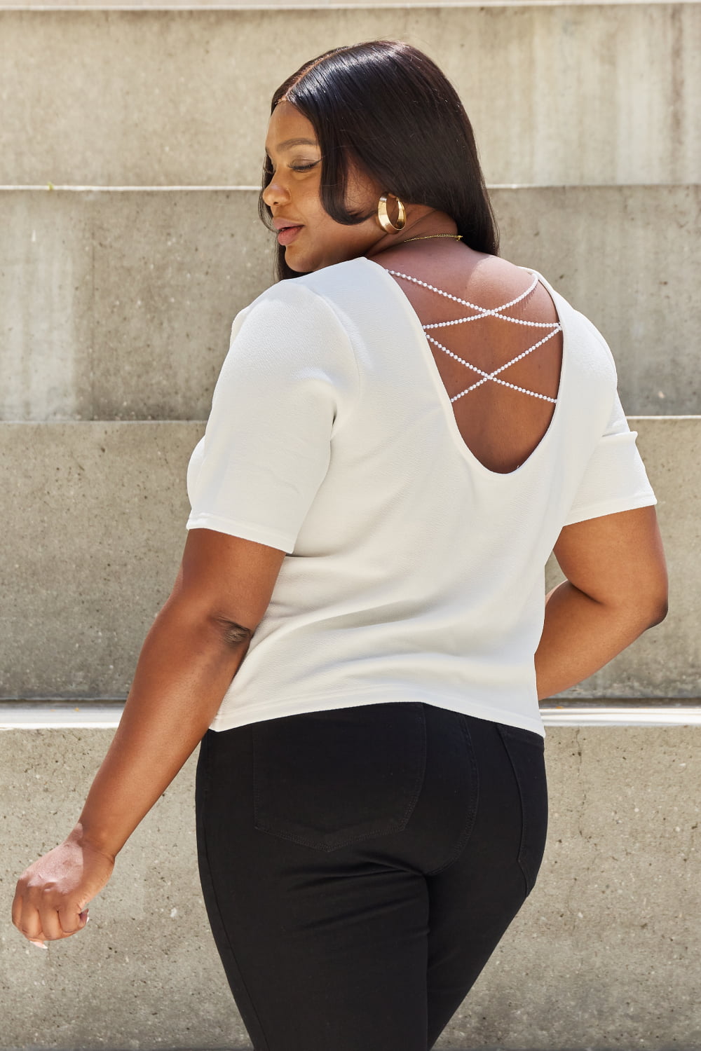 And The Why Pearly White Full Size Criss Cross Pearl Detail Open Back T-Shirt - nailedmoms