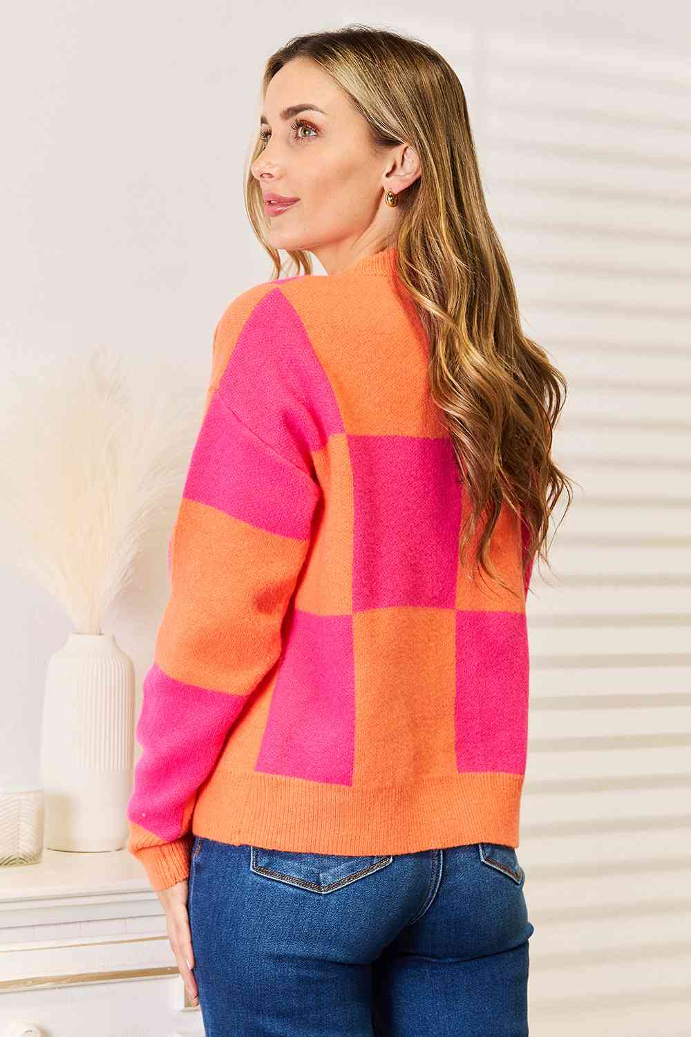 Woven Right Checkered V-Neck Dropped Shoulder Cardigan - nailedmoms
