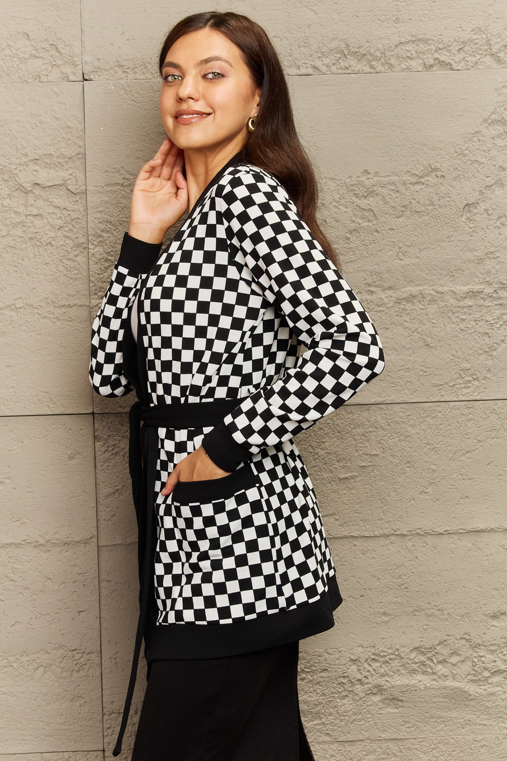 Ninexis Full Size Plaid Tie Waist Pocketed Cardigan - nailedmoms