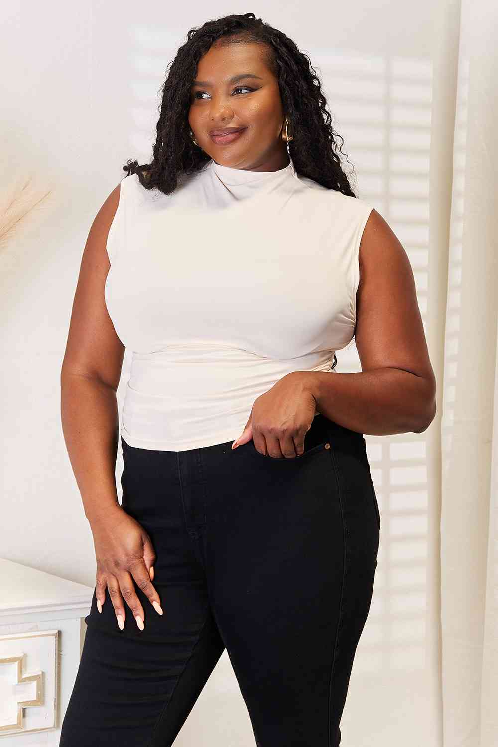 Basic Bae Mock Neck Ruched Cropped Tank - nailedmoms