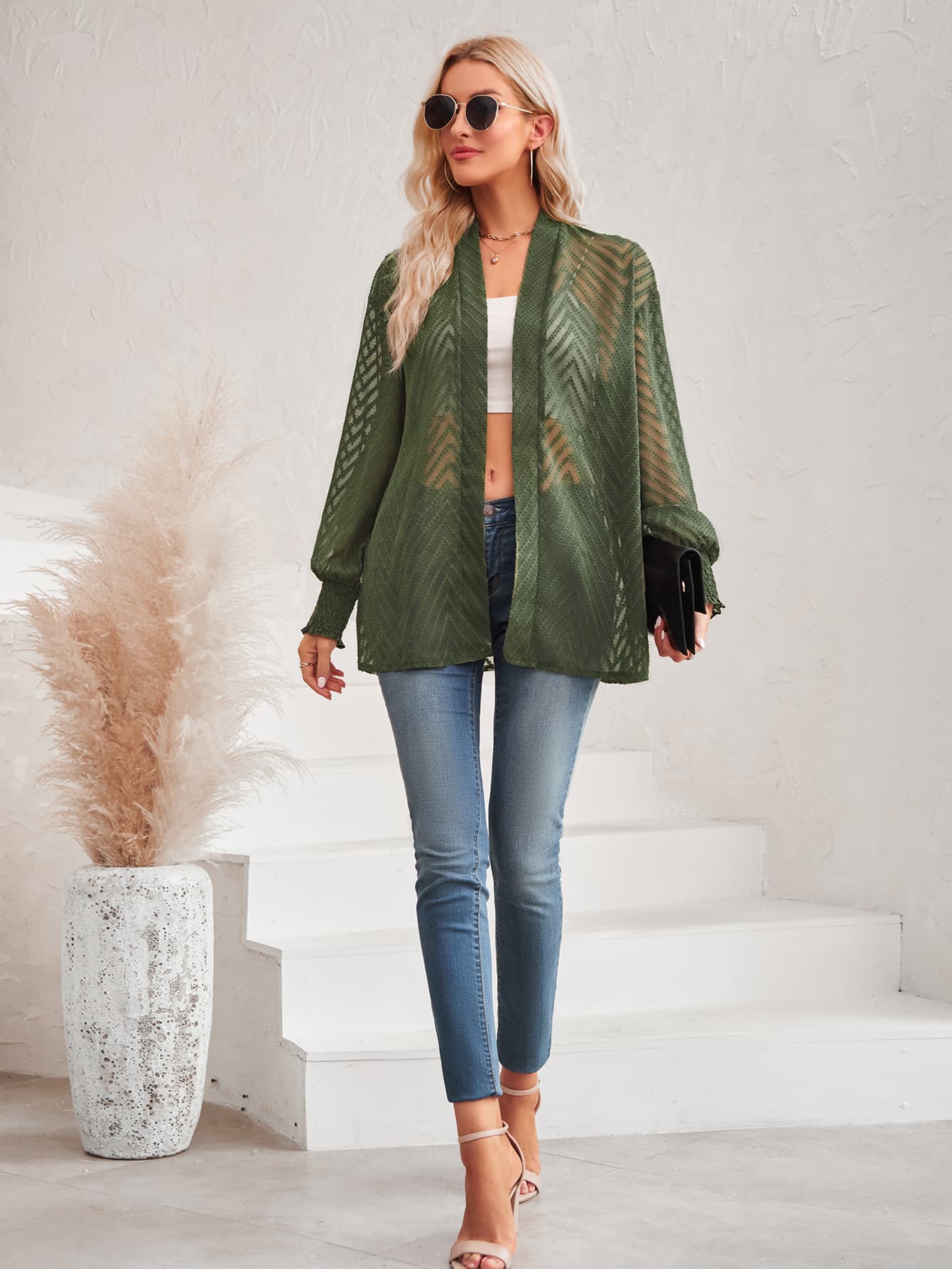 Lantern Sleeve Open Front Sheer Cardigan - nailedmoms