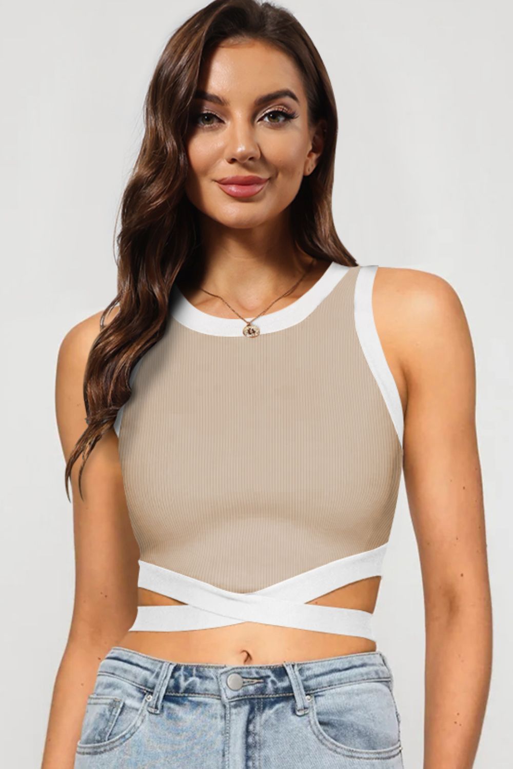 Contrast Tie Back Round Neck Tank - nailedmoms