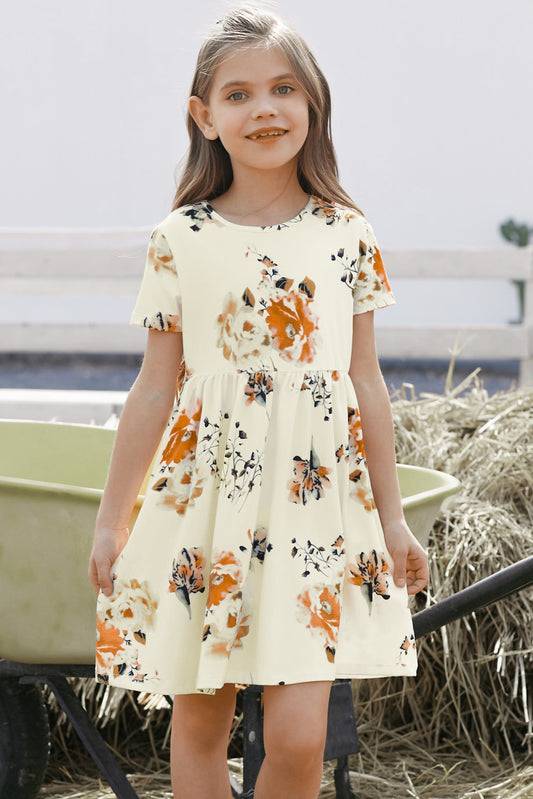 Girls Floral Short Sleeve Round Neck Dress - nailedmoms
