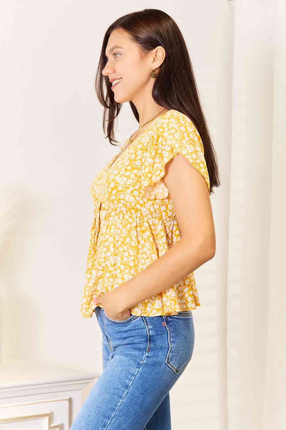 Double Take Floral Petal Sleeve Babydoll Top - nailedmoms