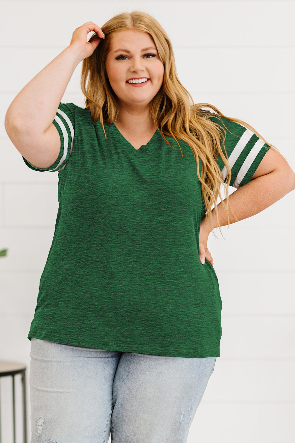 Plus Size Striped V-Neck Tee Shirt - nailedmoms