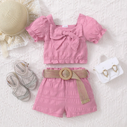 Kids Textured Bow Detail Top and Belted Shorts Set - nailedmoms