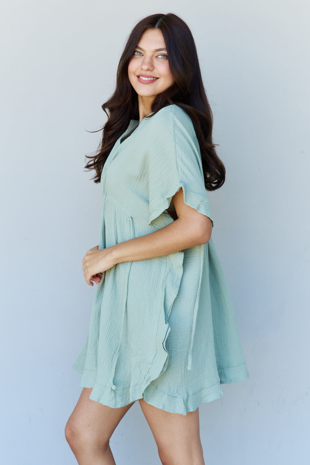 Ninexis Out Of Time Full Size Ruffle Hem Dress with Drawstring Waistband in Light Sage - nailedmoms
