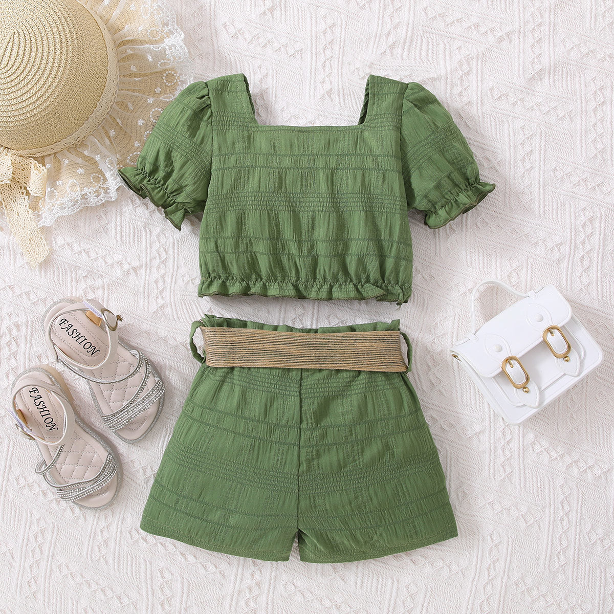 Kids Textured Bow Detail Top and Belted Shorts Set - nailedmoms