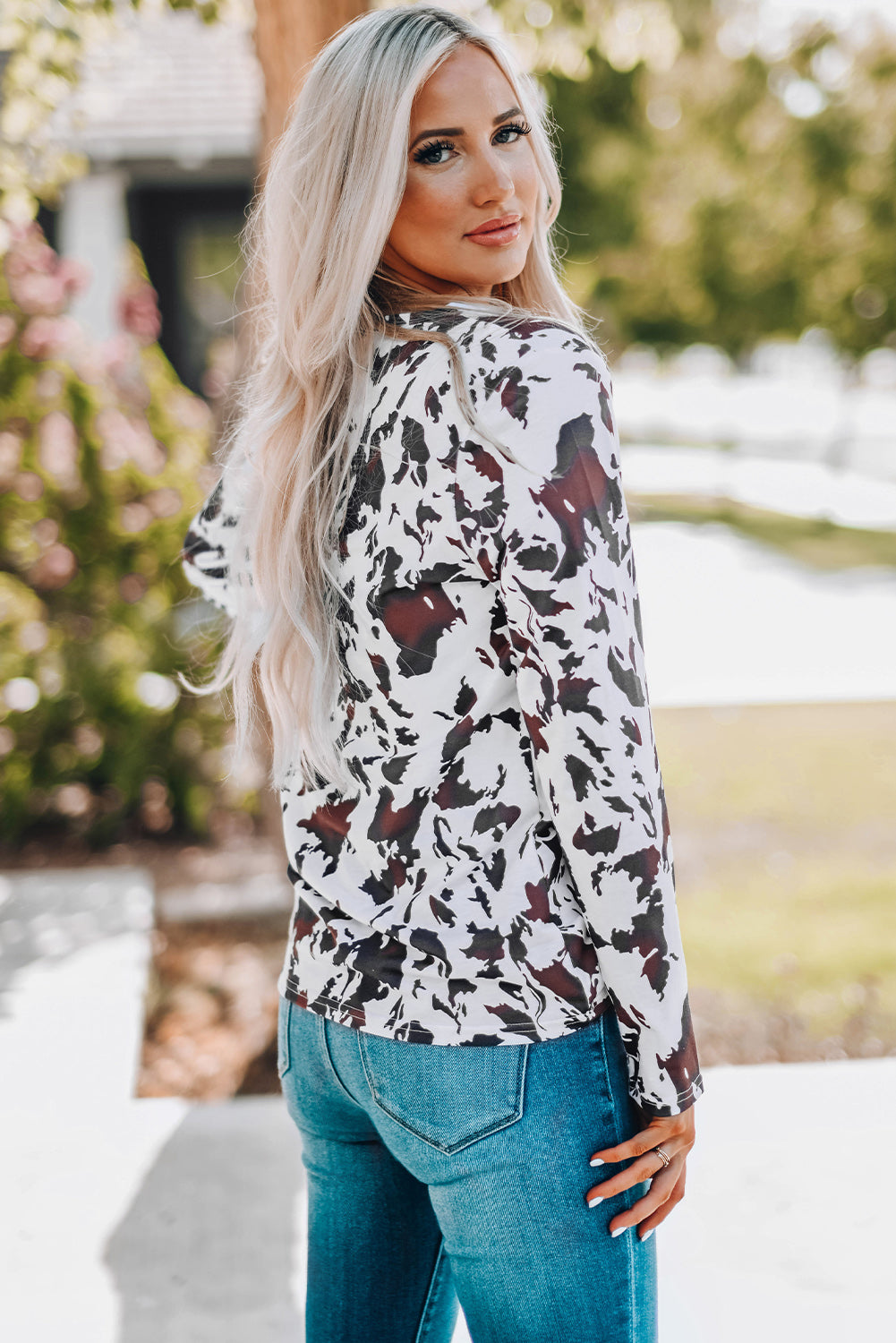 Cow Print Keyhole Long Sleeve Top - nailedmoms