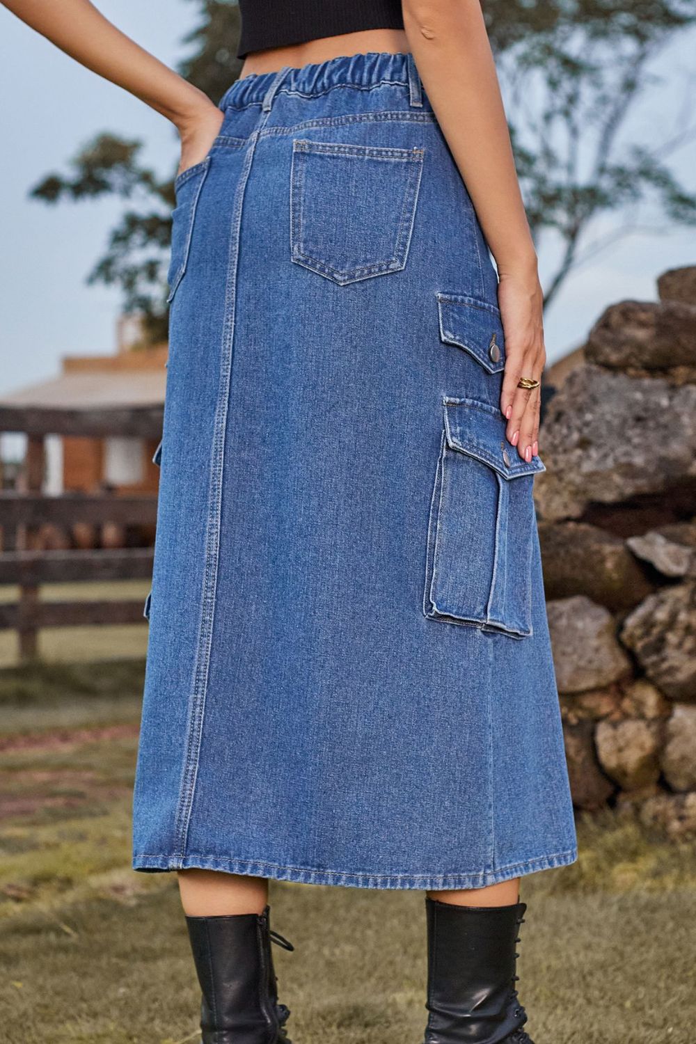 Slit Front Midi Denim Skirt with Pockets - nailedmoms