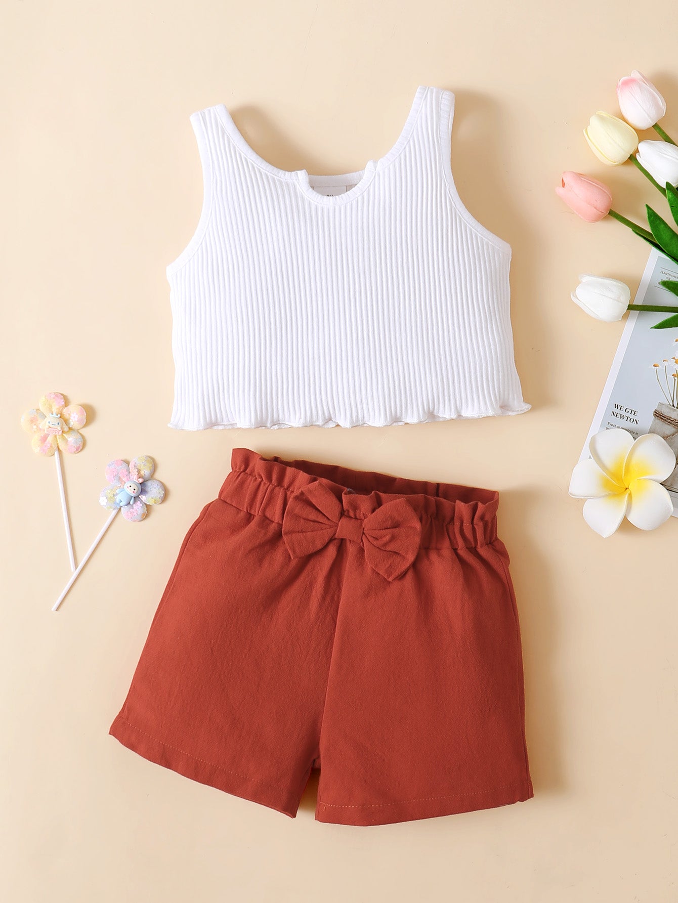 Girls Ribbed Notched Tank and Bow Detail Shorts Set - nailedmoms