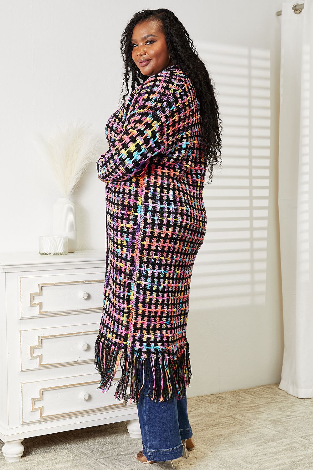 Double Take Full Size Multicolored Open Front Fringe Hem Cardigan - nailedmoms