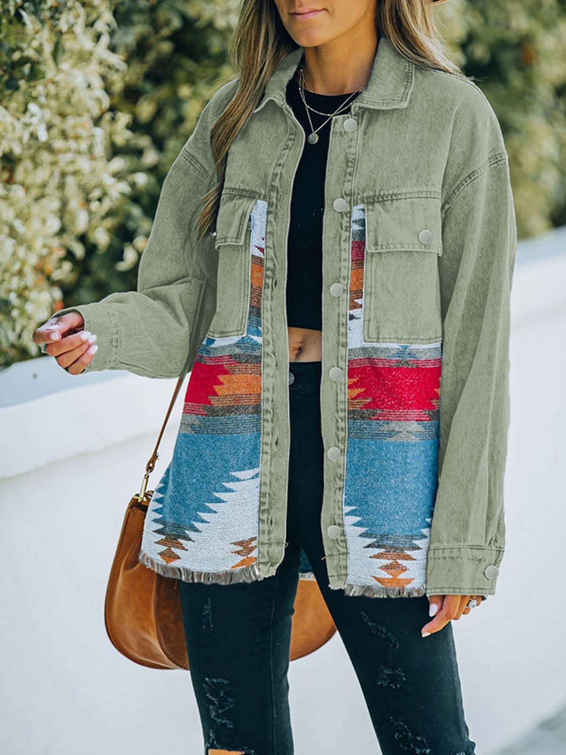 Dropped Shoulder Long Sleeve Printed Denim Jacket - nailedmoms