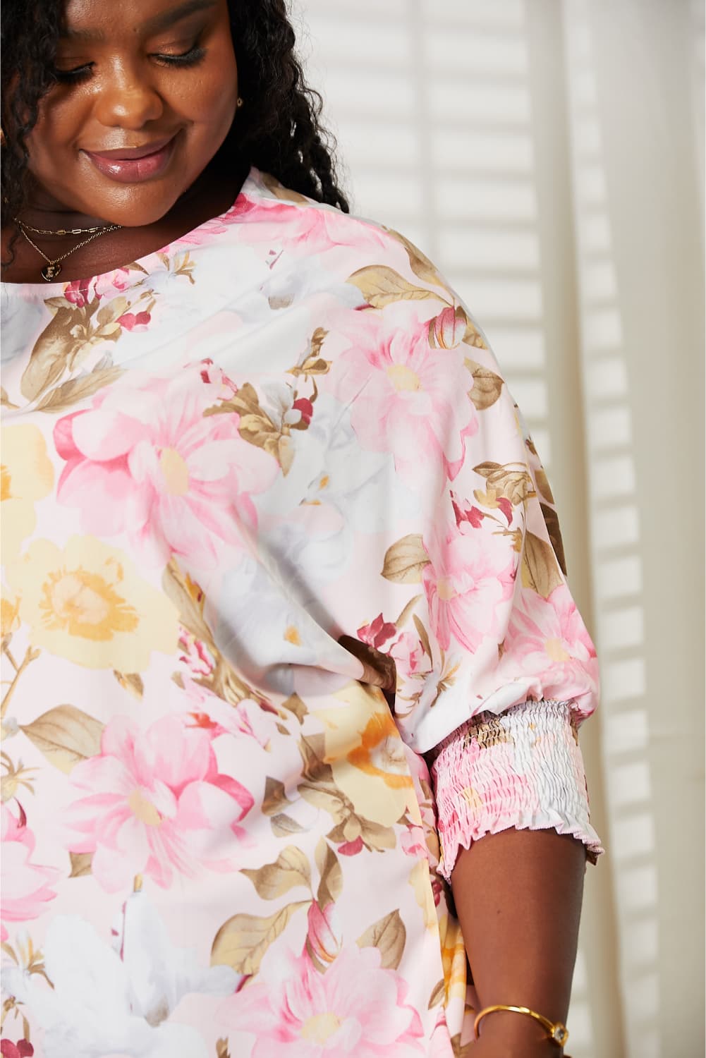 Double Take Floral Round Neck Three-Quarter Sleeve Top - nailedmoms