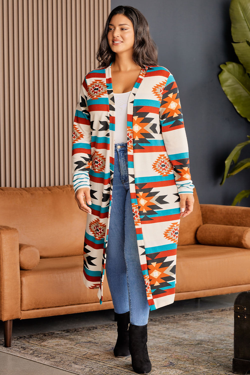 Plus Size Geometric Open Front Longline Cardigan - nailedmoms