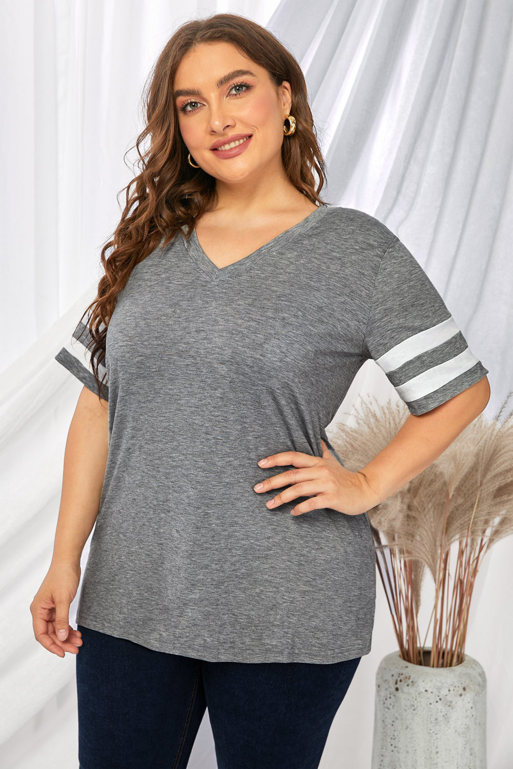 Plus Size Striped V-Neck Tee Shirt - nailedmoms