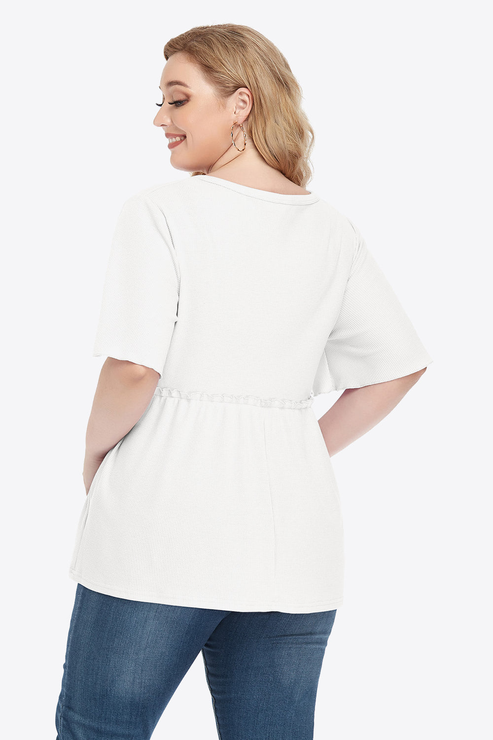 Plus Size Buttoned V-Neck Frill Trim Babydoll Blouse - nailedmoms