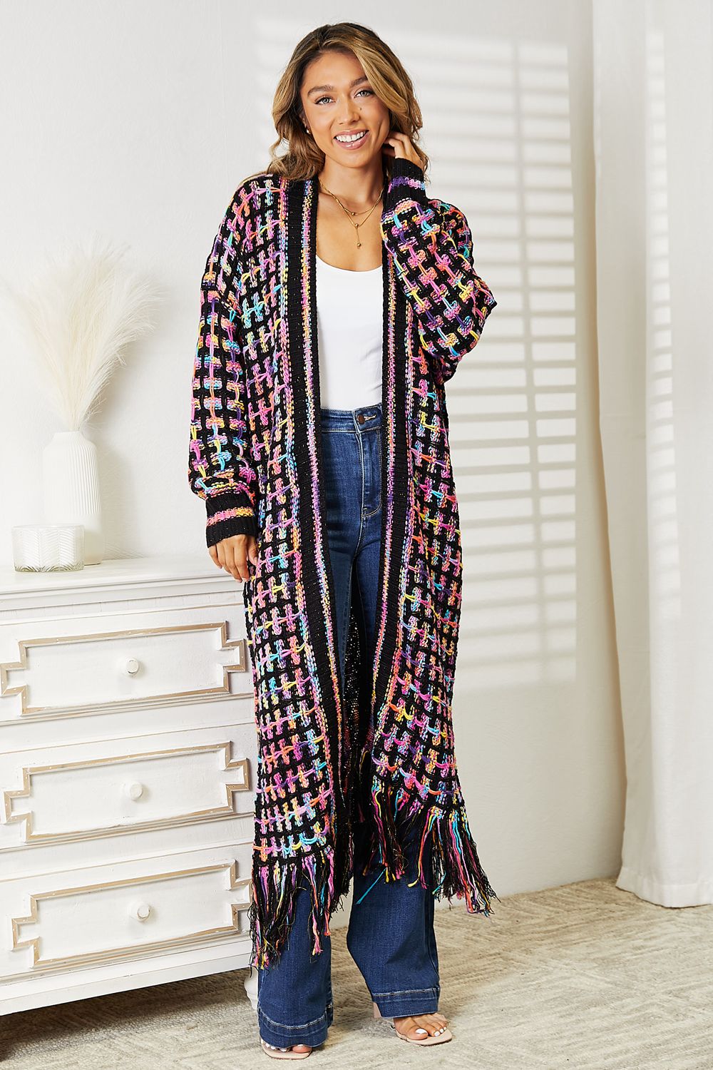 Double Take Full Size Multicolored Open Front Fringe Hem Cardigan - nailedmoms
