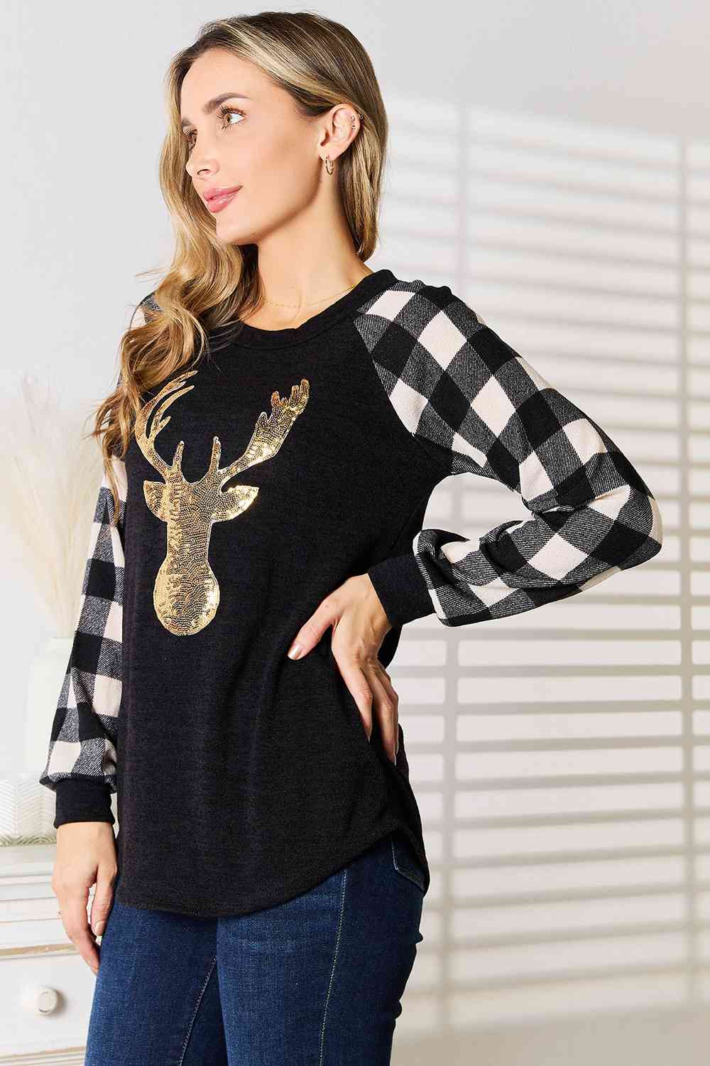 Heimish Full Size Sequin Reindeer Graphic Plaid Top - nailedmoms