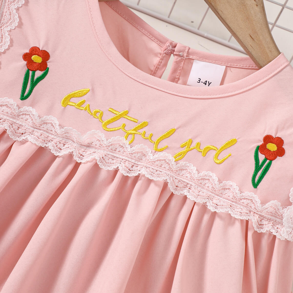 Girls Embroidered Lace Trim Round Neck Dress - nailedmoms