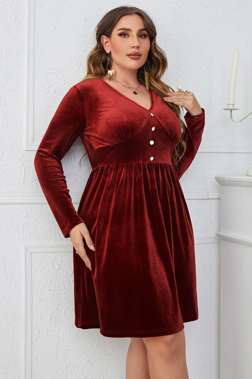 Melo Apparel Plus Size V-Neck Decorative Button Knee Length Dress - nailedmoms