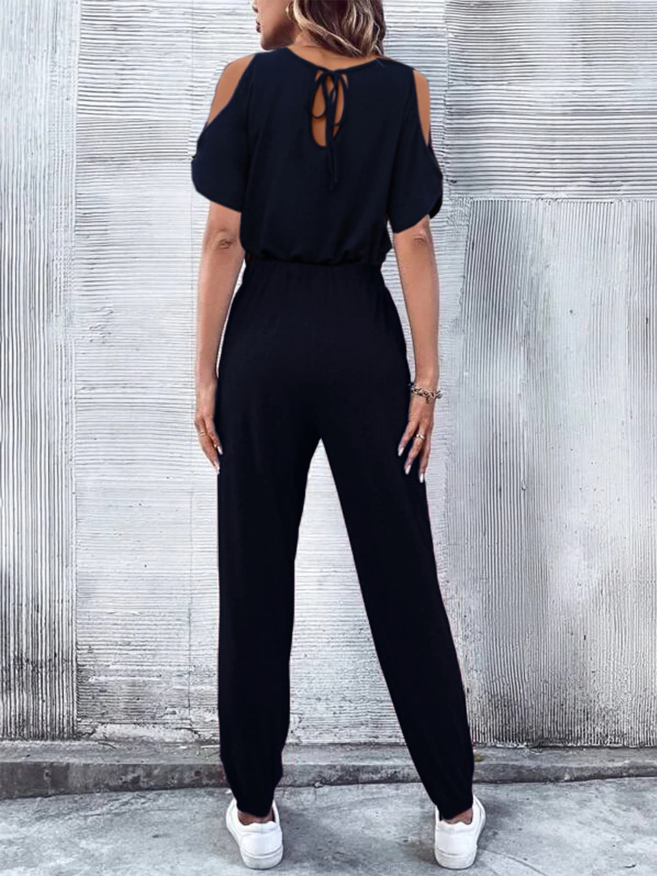 V-Neck Cold-Shoulder Jumpsuit with Pockets - nailedmoms