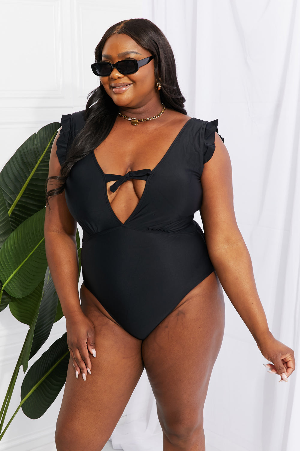 Marina West Swim Seashell Ruffle Sleeve One-Piece in Black - nailedmoms
