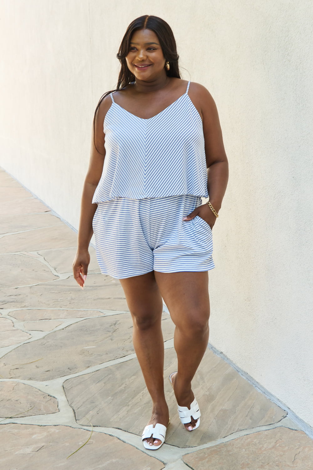 Culture Code Let It Happen Full Size Double Flare Striped Romper in Cobalt Blue - nailedmoms