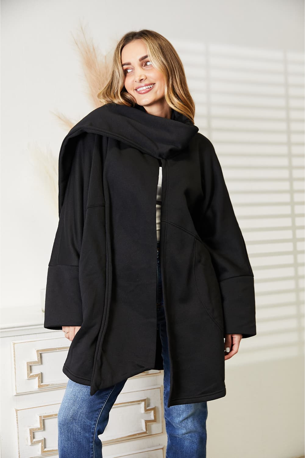HEYSON Full Size Open Front Cardigan with Scarf Design - nailedmoms