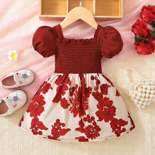 Baby Girl Floral Frill Trim Square Neck Smocked Dress - nailedmoms