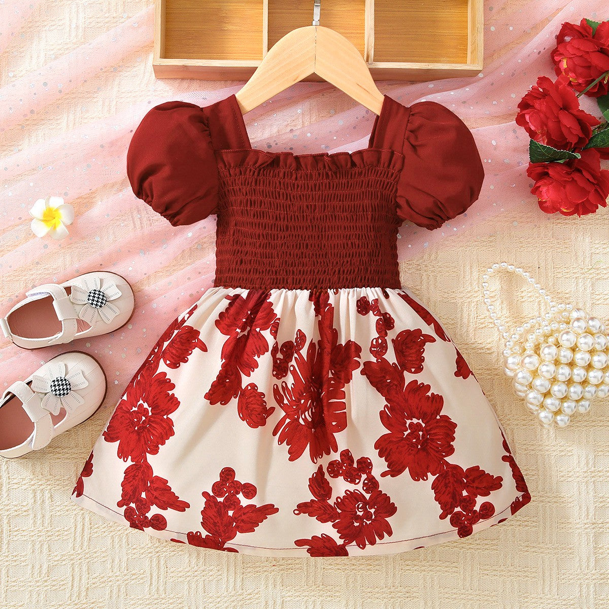 Baby Girl Floral Frill Trim Square Neck Smocked Dress - nailedmoms