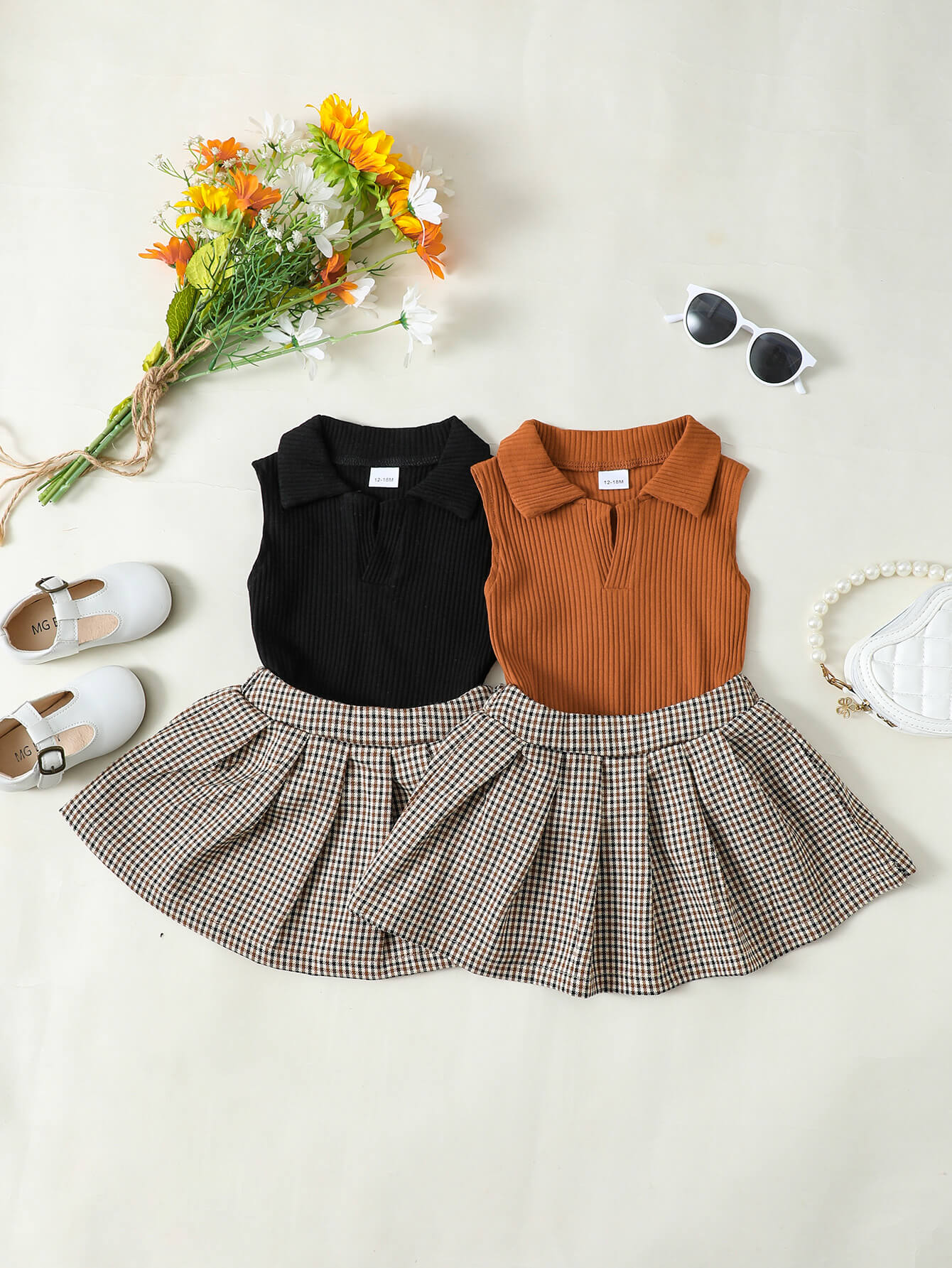 Girls Ribbed Sleeveless Top and Plaid Skirt Set - nailedmoms