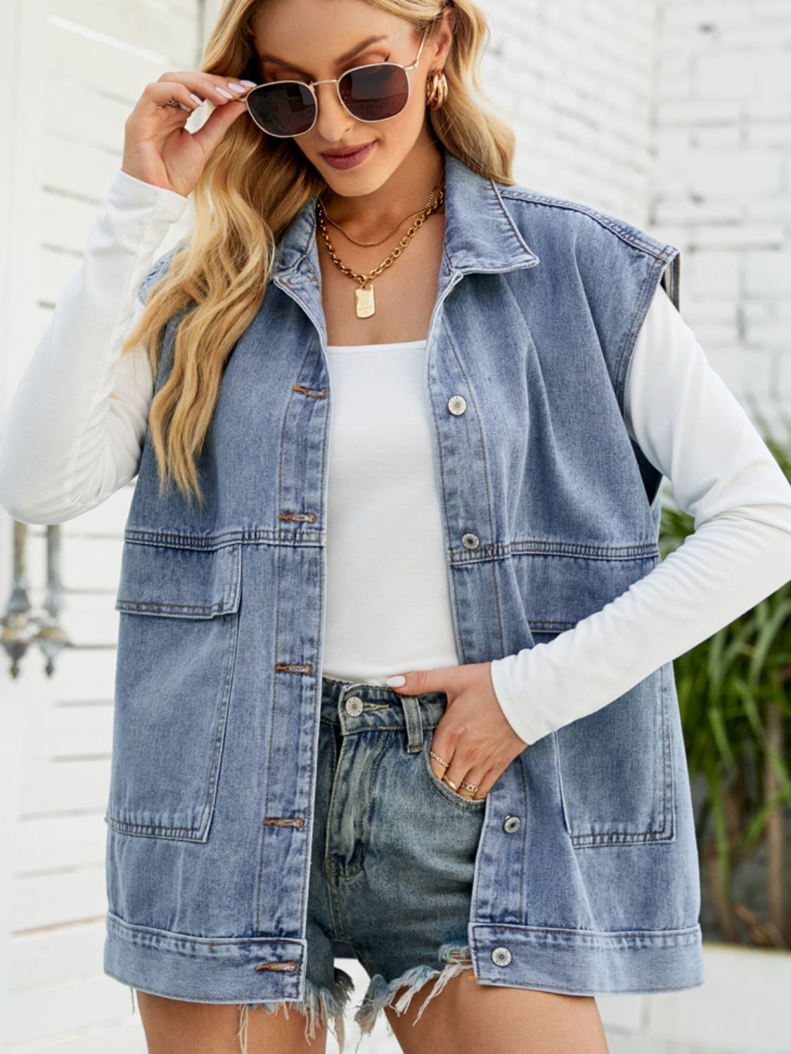Collared Neck Sleeveless Denim Top with Pockets - nailedmoms