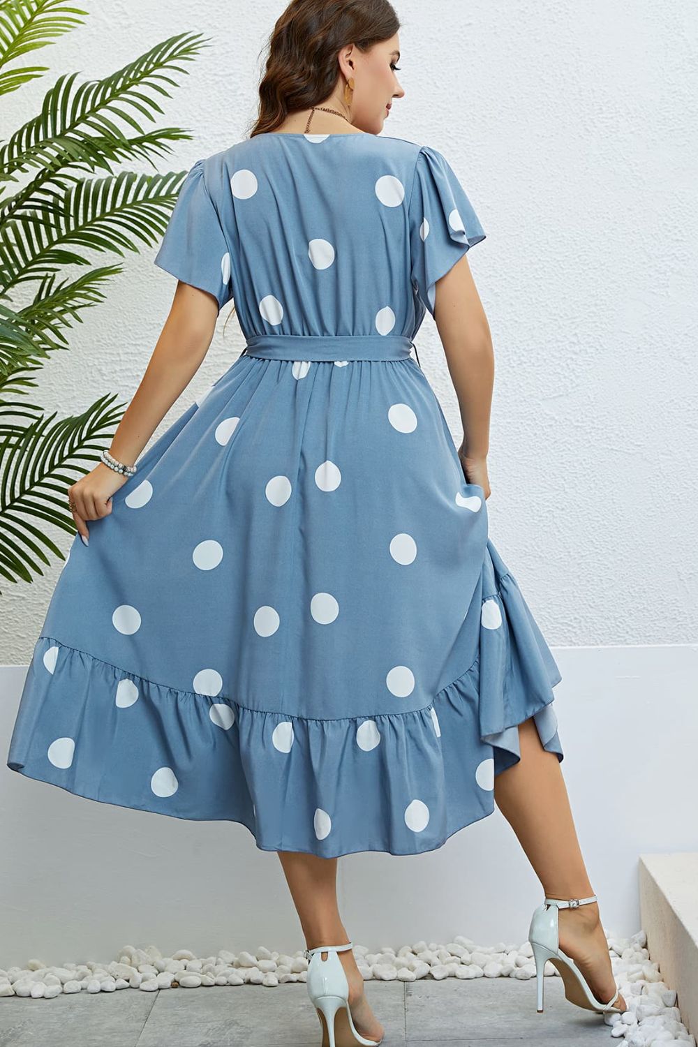 Polka Dot Belted Flutter Sleeve Ruffle Hem Dress - nailedmoms
