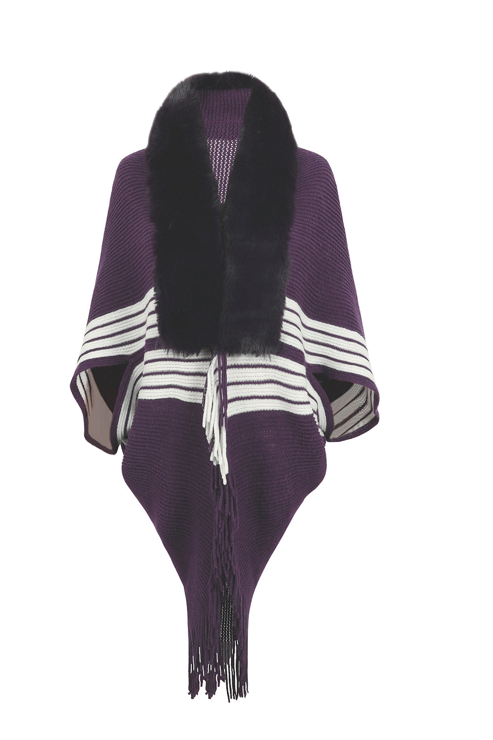 Striped Fringe Detail Long Sleeve Poncho - nailedmoms