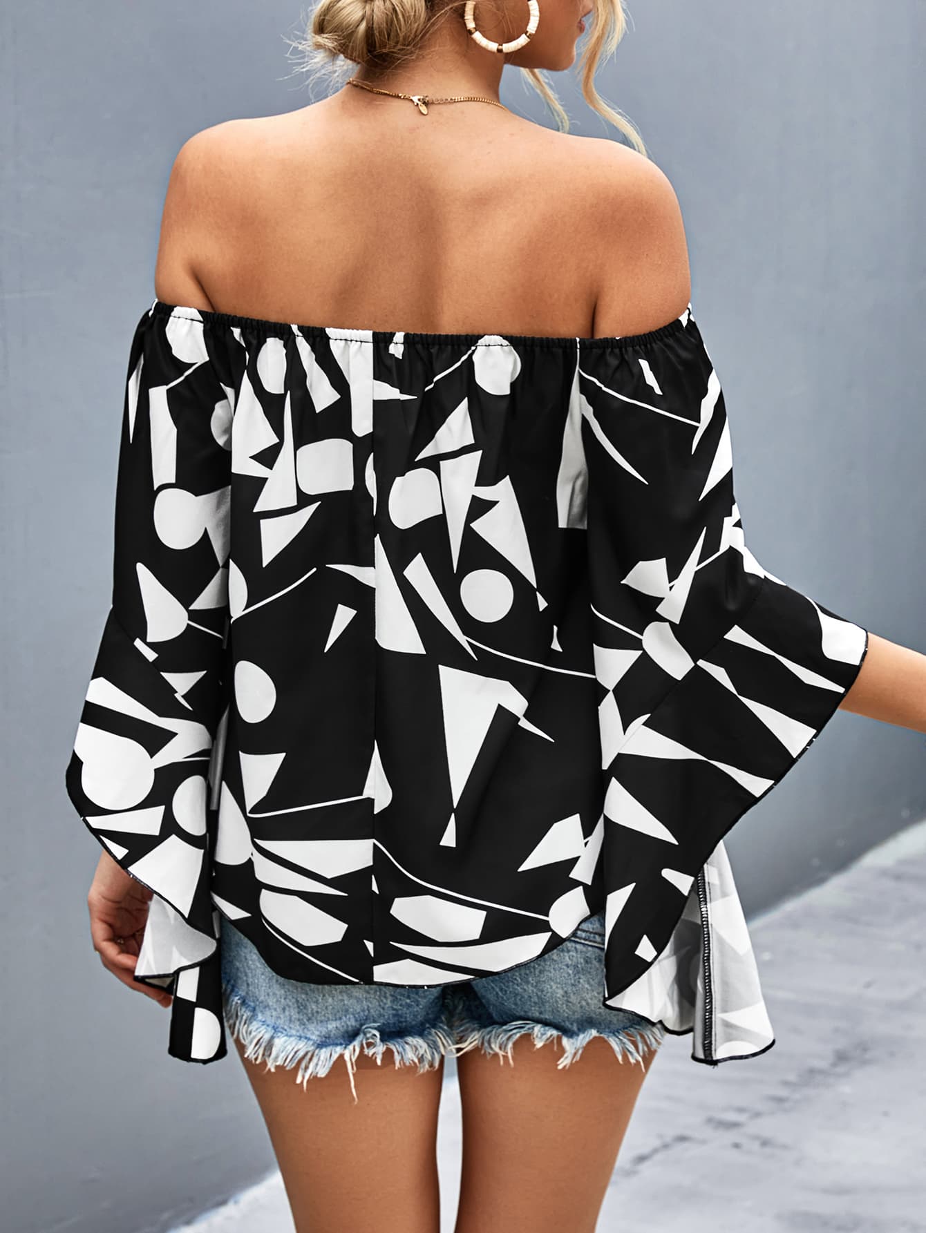 Printed Off-Shoulder Bell Sleeve Blouse - nailedmoms