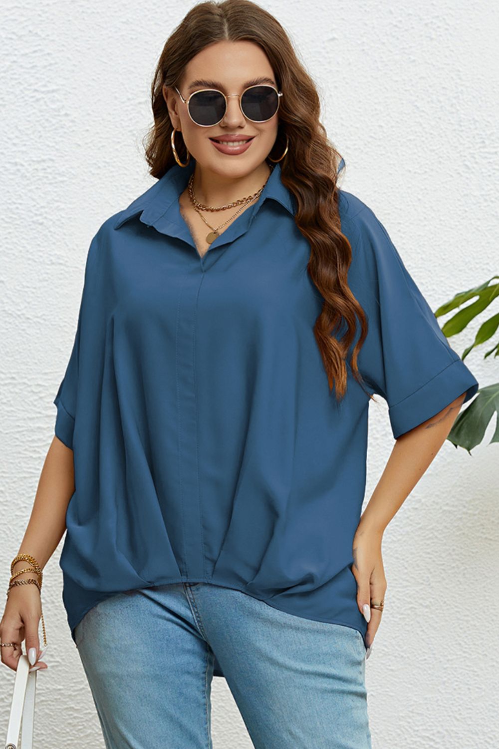 Plus Size Collared Half Sleeve Hem Detail Top - nailedmoms