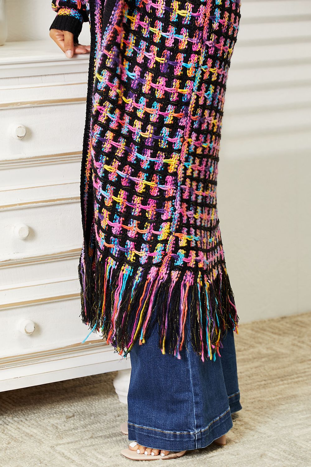 Double Take Full Size Multicolored Open Front Fringe Hem Cardigan - nailedmoms