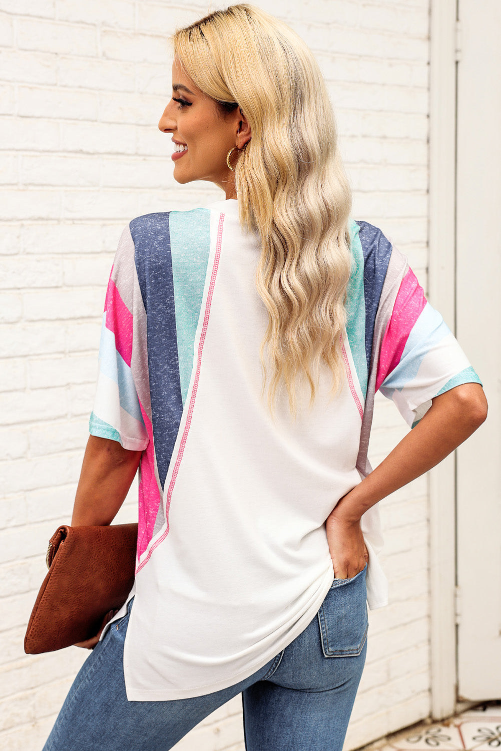 Rainbow Stripe Slit V-Neck Tee - nailedmoms