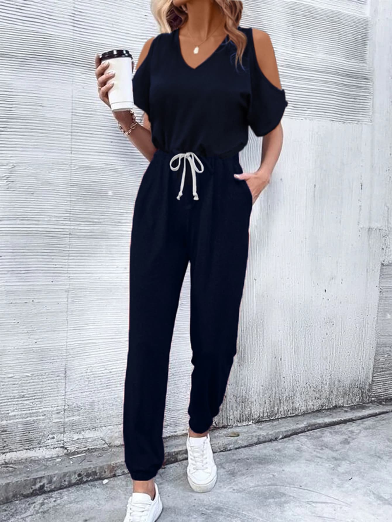V-Neck Cold-Shoulder Jumpsuit with Pockets - nailedmoms
