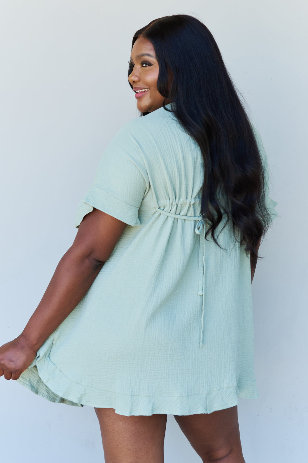 Ninexis Out Of Time Full Size Ruffle Hem Dress with Drawstring Waistband in Light Sage - nailedmoms