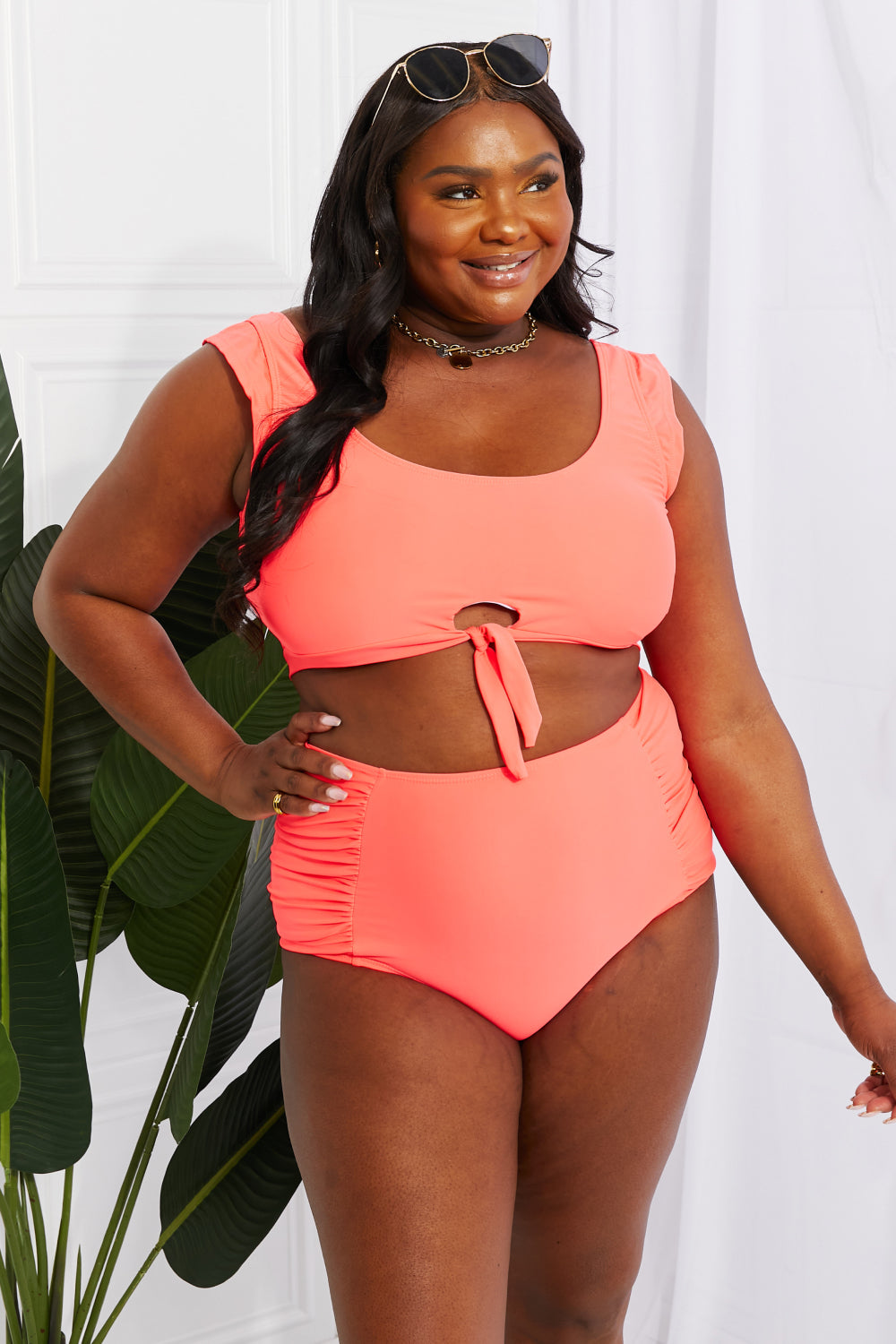 Marina West Swim Sanibel Crop Swim Top and Ruched Bottoms Set in Coral - nailedmoms