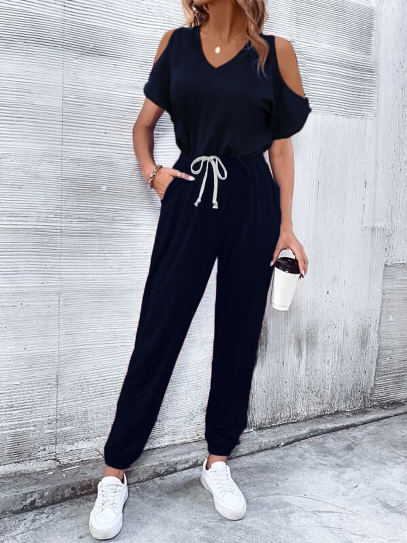 V-Neck Cold-Shoulder Jumpsuit with Pockets - nailedmoms