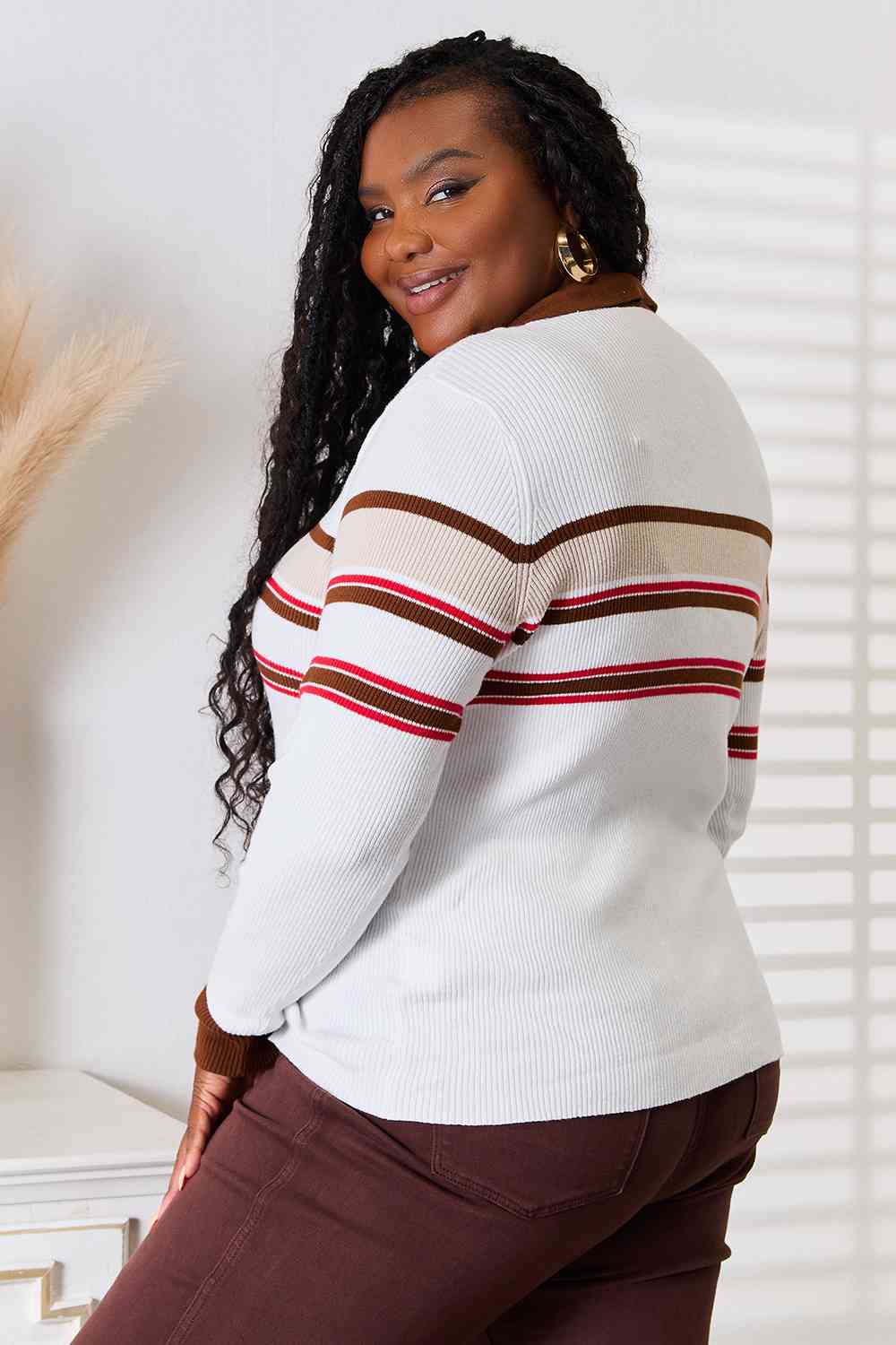 Basic Bae Striped Collared Neck Rib-Knit Top - nailedmoms