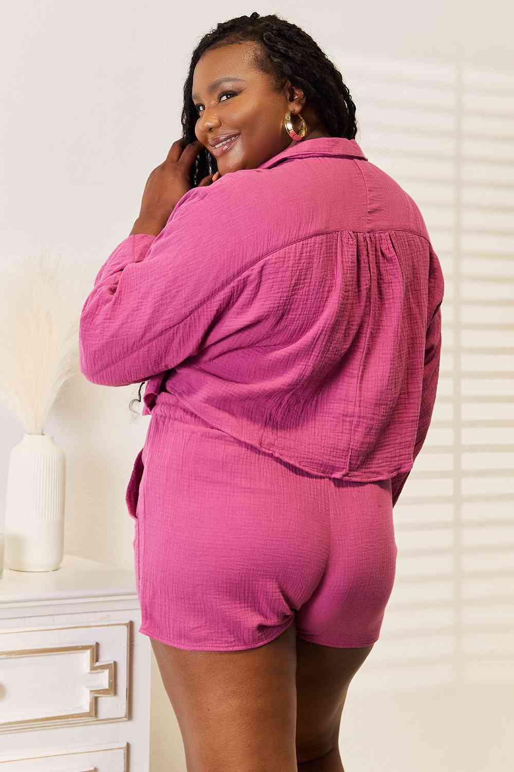 Basic Bae Buttoned Long Sleeve Top and Shorts Set - nailedmoms