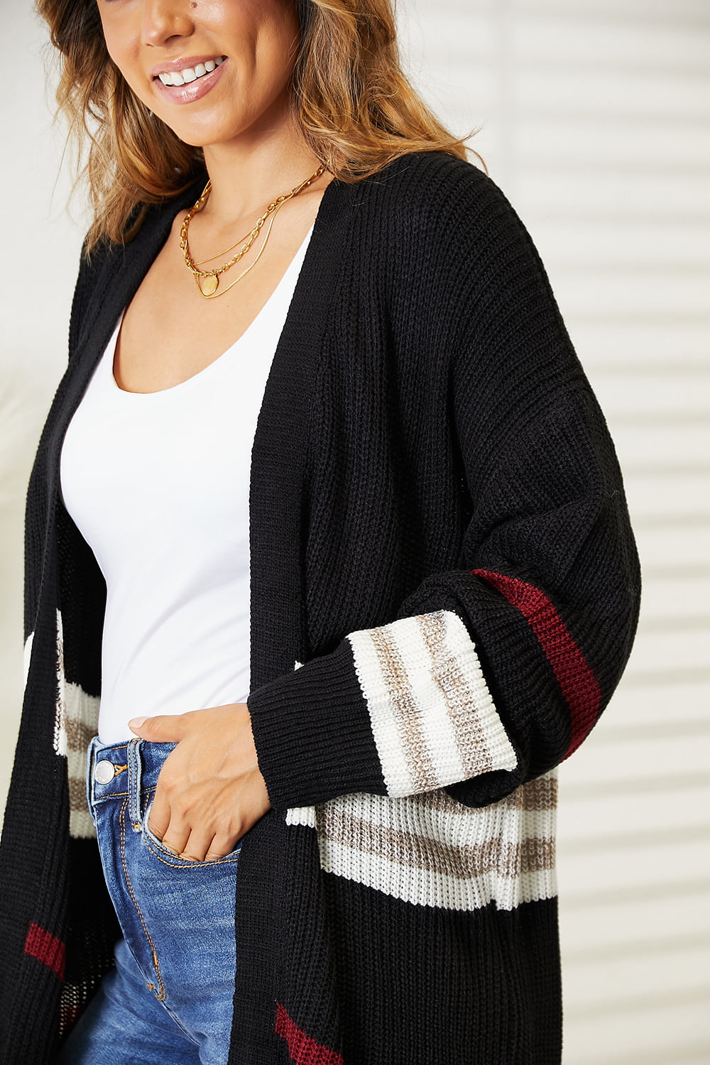 Double Take Striped Rib-Knit Drop Shoulder Open Front Cardigan - nailedmoms