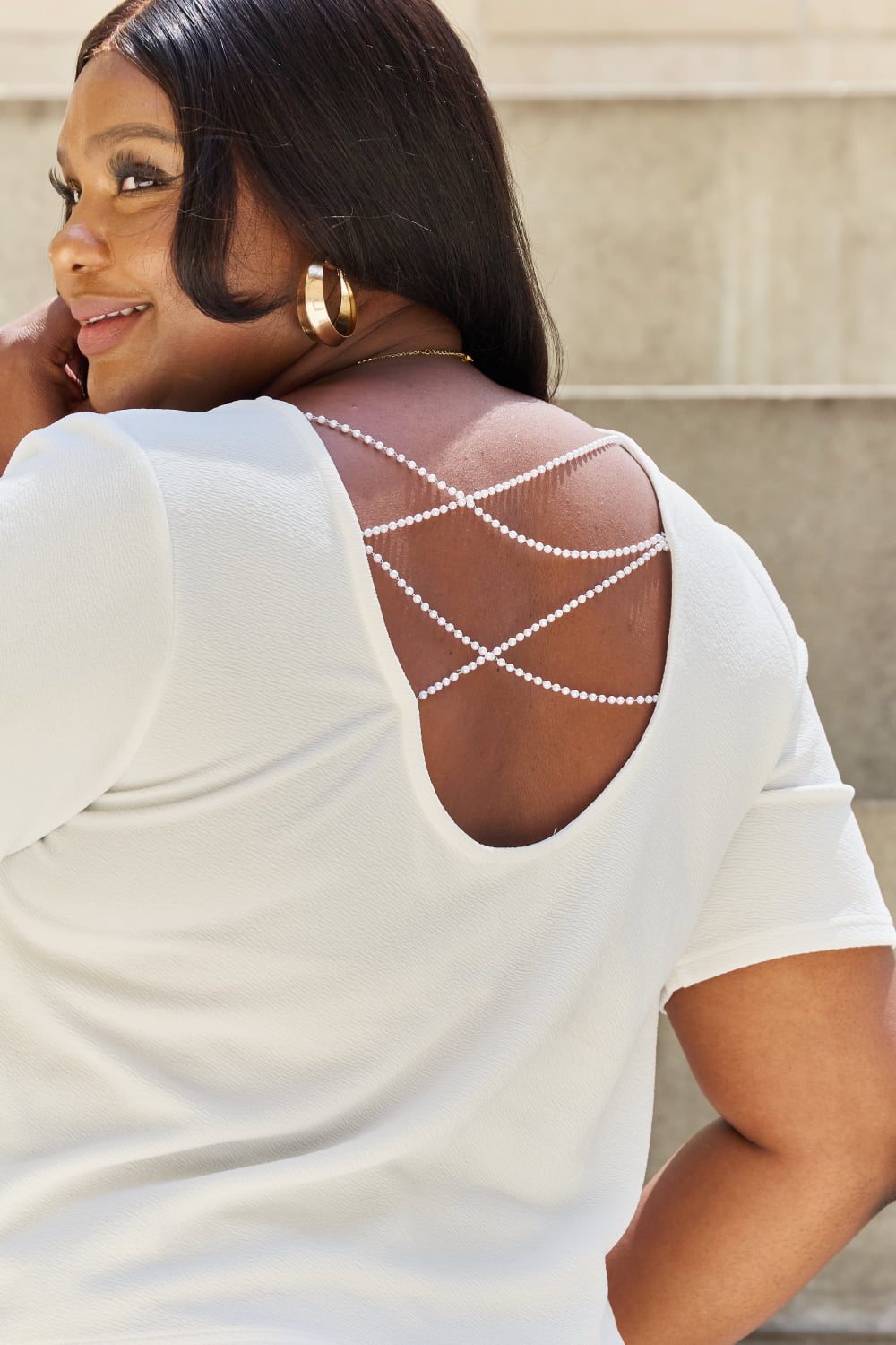And The Why Pearly White Full Size Criss Cross Pearl Detail Open Back T-Shirt - nailedmoms