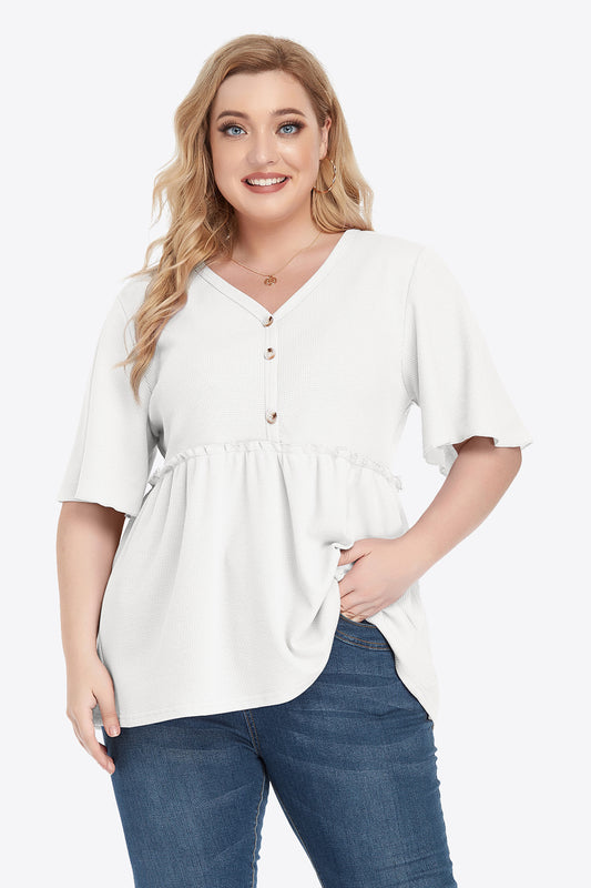 Plus Size Buttoned V-Neck Frill Trim Babydoll Blouse - nailedmoms